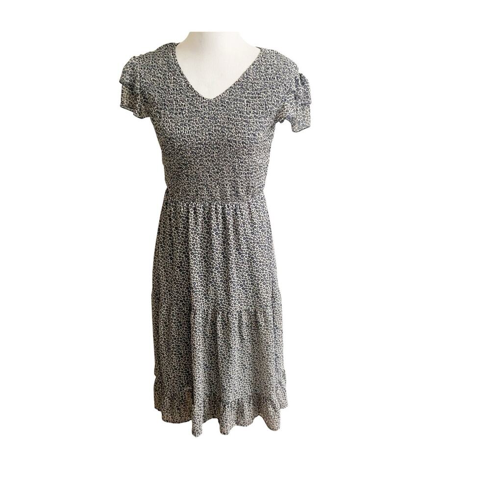 Bohme Midi Dress Womens White Blue All-Over Micro Print Smocked Tiered Classic